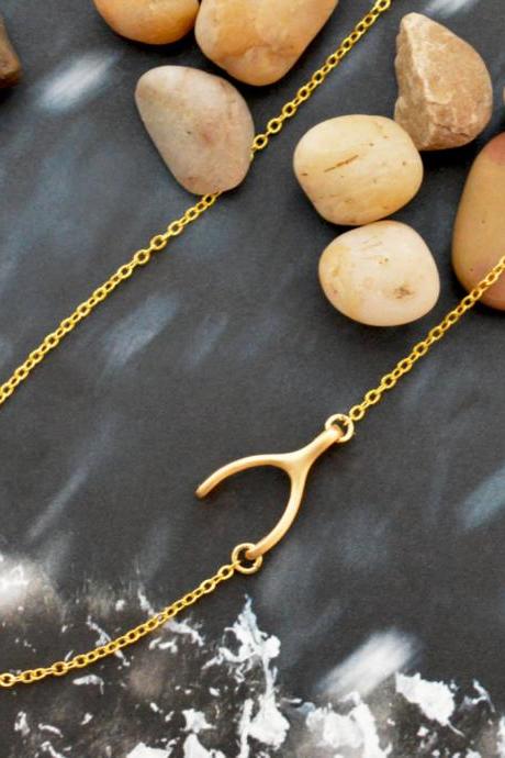 Sideways wishbone necklace, Unbalanced necklace, Wishbone necklace, Gold plated chain/Bridesmaid/gifts/Everyday jewelry/