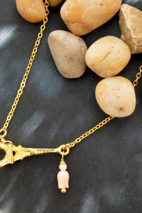 Eiffel tower necklace, Coral flower necklace, Gold plated necklace/Bridesmaid gifts/Everyday jewelry/