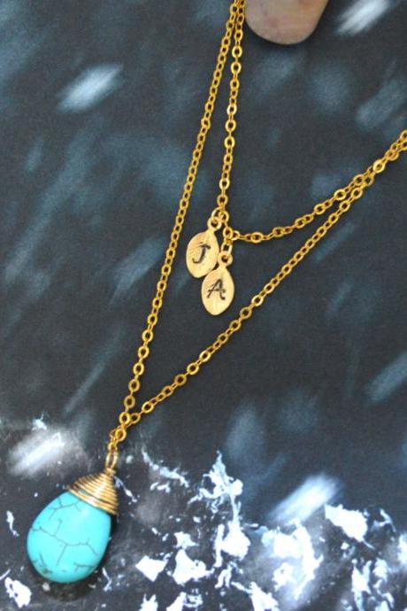 Layered initial leaf necklace, Turquoise drop necklace, Double strand, Gold plated/Everyday jewelry/