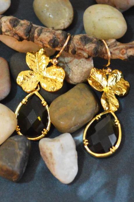 Glass drop earrings,Flower earrings,Morion drop earrings,Flower earrings, Dangle earrings, Gold plated earrings/Bridesmaid gifts/Everyday jewelry/