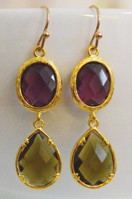 Glass drop earrings, Amethyst & morion drop earrings, Dangle earrings, Gold plated earrings/Bridesmaid gifts/Everyday jewelry/