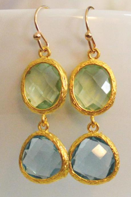 Glass drop earrings, Chrysolite&aquamarine drop earrings, Dangle earrings, Gold plated earrings/Bridesmaid gifts/Everyday jewelry/