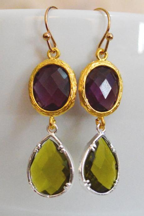 Glass Drop Earrings, Amethyst&amp;amp;amp;khaki Drop Earrings, Dangle Earrings, Gold And Silver Plated/bridesmaid Gifts/everyday Jewelry/