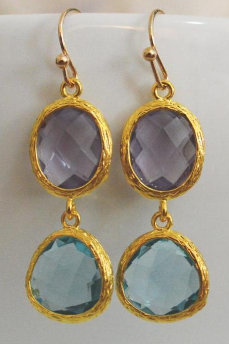 Glass drop earrings, Amethyst & aquamarine drop earrings, Dangle earrings, Gold plated earrings/Bridesmaid gifts/Everyday jewelry/