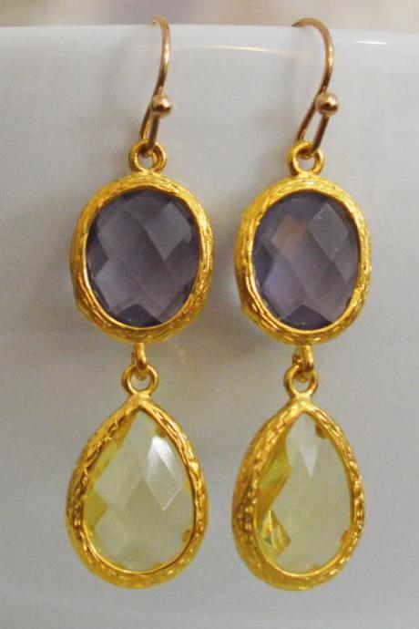 Glass Drop Earrings, Amethyst &amp;amp;amp; Lemon Yellow Drop Earrings, Cz Dangle Earrings, Gold Plated/bridesmaid Gifts/everyday Jewelry/