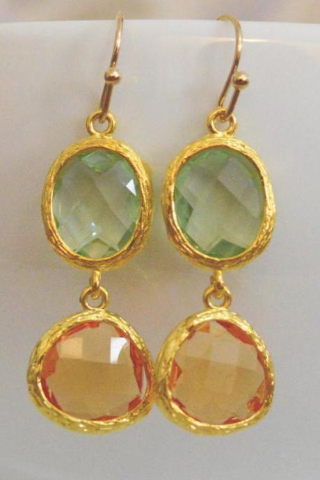 SALE10%) B-023 Glass earrings, Light green&topaz drop earrings, CZ Dangle earrings, Gold plated earrings/Bridesmaid gifts/Everyday jewelry/