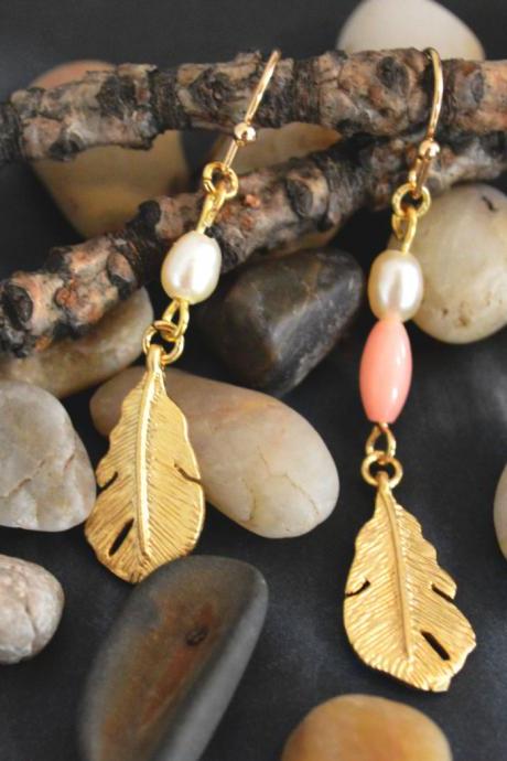 Small feather earrings, Dangle earrings, White pearl & pink coral, Gold plated pendant/Bridesmaid gifts/Everyday jewelry/