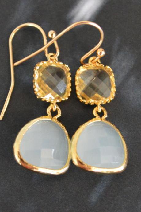 Dangle drop earrings, Glass lemon yellow, Bezel set blue drop earrings, Gold plated /Bridesmaid gifts/Everyday jewelry/