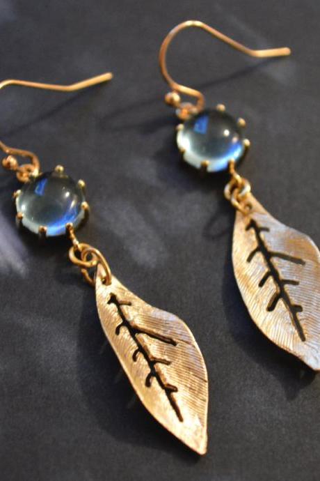 Dangle Drop Earrings,bezel Set Glass Aquamarine Earrings, Leaf Earrings, Gold Plated Earrings/bridesmaid Gifts/everyday Jewelry/