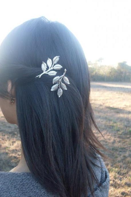 Silver Leaf Branch Bobby Pins - Silver Bridal Hair Pins Bridal Bobby Pins Grecian Hair Accessories Woodland Wedding Bridal Hair Accessories