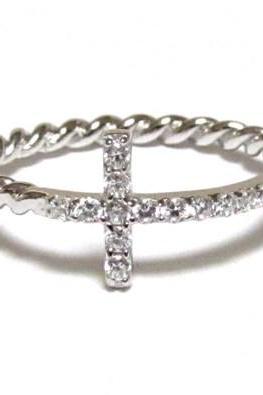 Sideways Cross Ring-Rhodium Over 925 Sterling Silver With Hand Set CZ Ring With Rope Band-Size 7