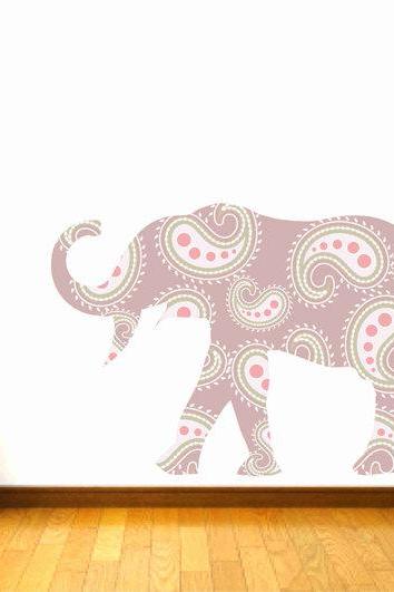 Kids Decor Elephant Wall Decal Fabric with Paisley Design for Children