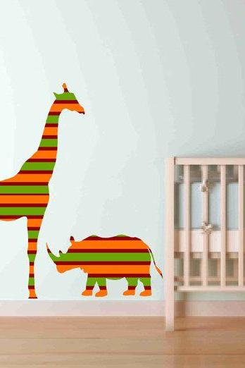 Nursery Decor Elephant Giraffe Rhinoceros Fabric Wall Decals