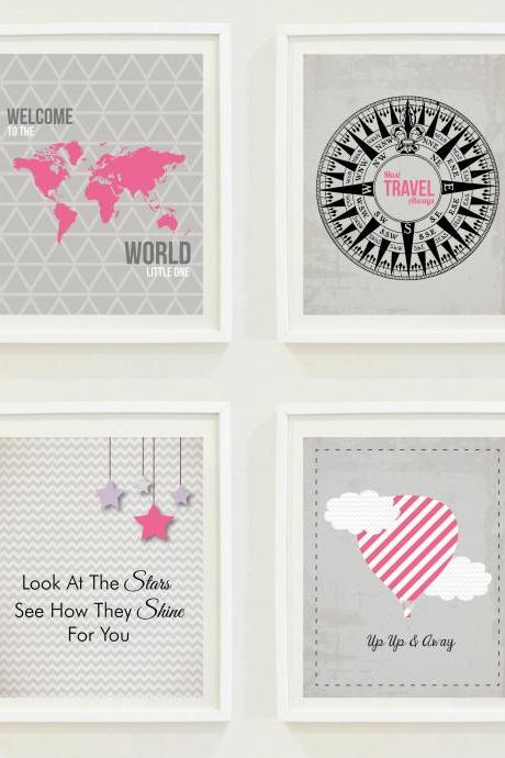 Nursery Prints: Around The World - Travel Nursery - Alphabet - Air Balloon-compass- Not All Who Wander Are Lost-home Decor-gallery Wall - #11101