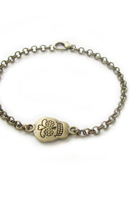 Bronze Sugar Skull Bracelet Brass chain linked bracelet gift birthday sister mother friend