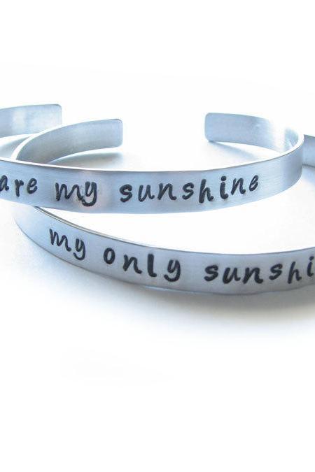 2 You are my Sunshine Cuff Bracelets Personalized hand stamped engraved mother daughter Jewelry birthday wedding graduation