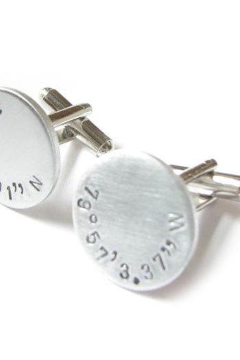 Round Latitude Longitude Cufflinks Personalized Hand Stamped gift for men father cuff links birthday wedding graduation