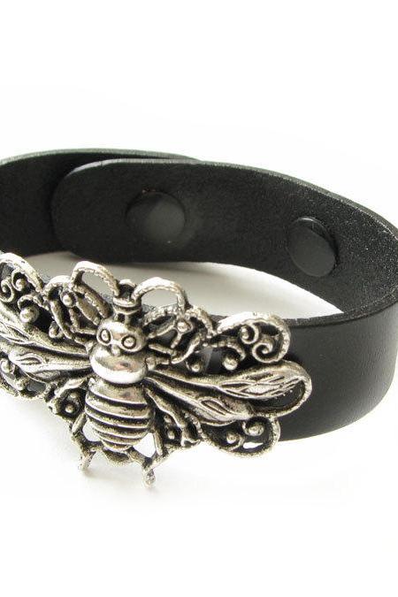 Bee Leather Bracelet Black or Dark Brown Leather Silver Jewelry