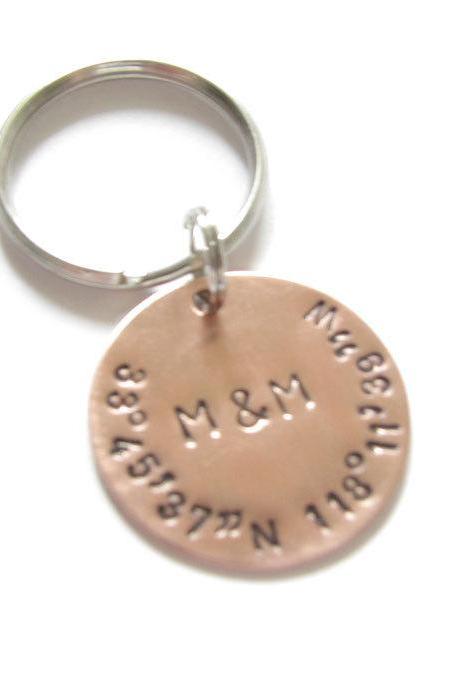 Longitude Latitude KeyChain Hand Stamped Key Chain gift for men woman Wedding Birthday silver brass copper