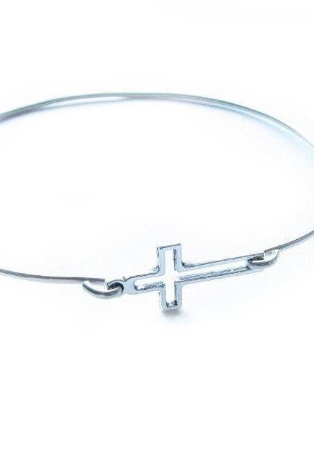 Sideway Silver Cross Bracelet Bangle in your size religious Jewelry gift for birthday wedding