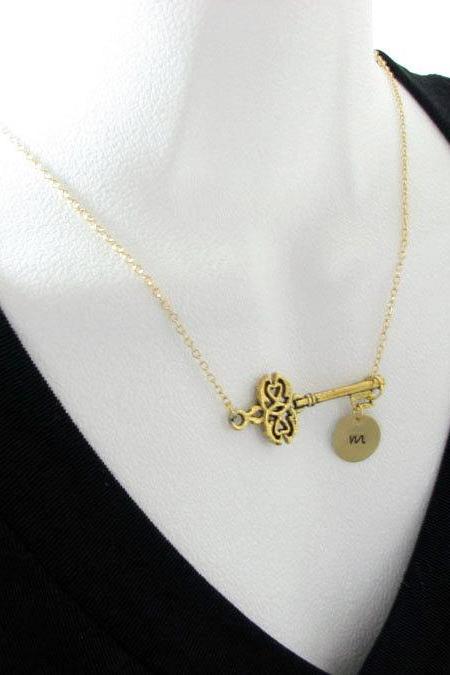 Key Initial Necklace Hand Stamped Custom Pendant Personalized Engraved Gift Birthday Wedding Mother