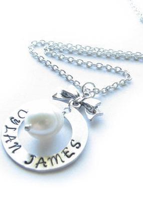 Silver Bow Hand Stamped Necklace Customize Washer Pendant Jewelry engraved gift birthday wedding