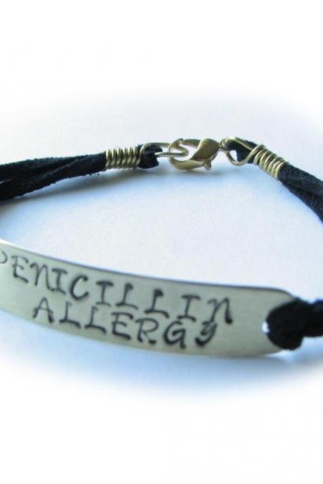 Custom Medical Bracelet Rectangle Hand stamped Caduceus Leather Suede Jewelry alert allergy condition