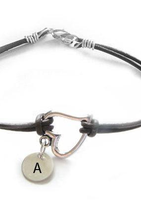 Silver Heart Bracelet Wire Wrapped Hand Stamped sterling silver Initial Leather Suede Jewelry Gift for Birthday Wedding