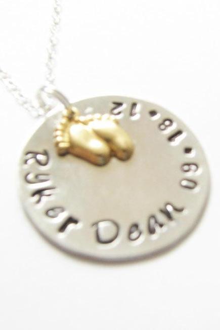 Sterling Silver Baby Foot Necklace Charm Custom Metal Hand Stamped Engraved Birthday mother