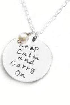 Keep Calm & carry on Personalized Hand Stamped Necklace Engraved Pendant gift wedding birthday