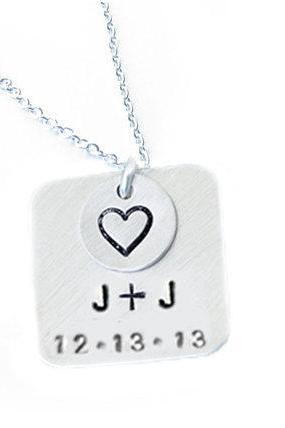 Square Hand Stamped Necklace Personalized pendant gift for wedding Birthday Jewelry