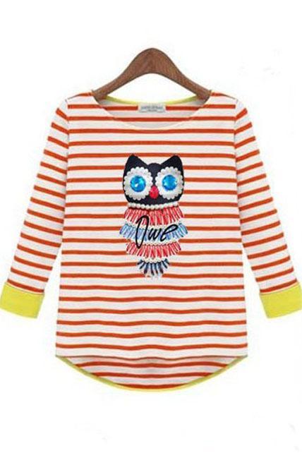 Cute Owl Print Striped High Low Hem T Shirt - Pink