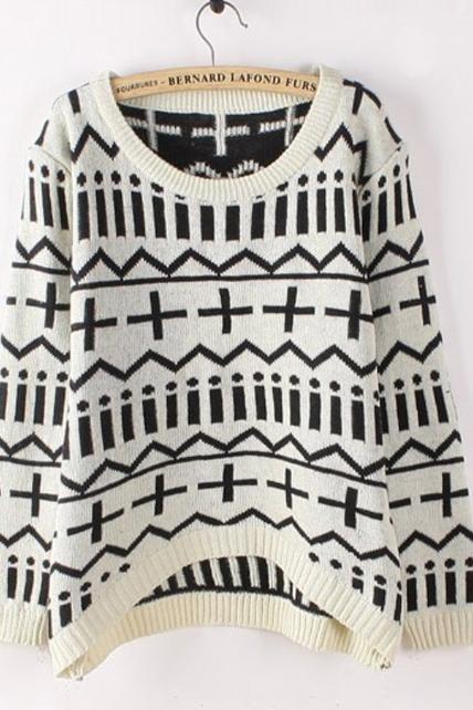 Winter Geometry Pattern Long Sleeve Pullover Sweater - Beige