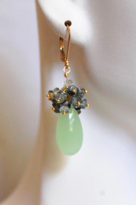 Apple Green Chalcedony And Moss Aquamarine Cluster Earrings- Dangle Drop Cluster Earrings