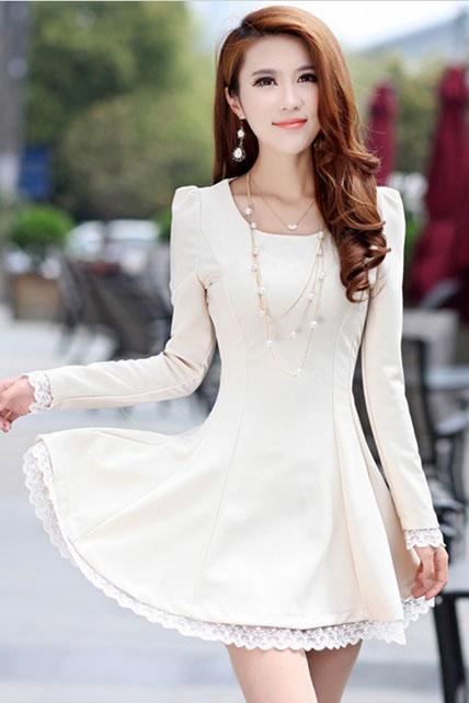 Lady A Line Long Sleeve Little Dress - White