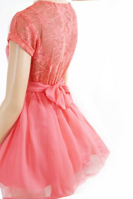 Plus Size Coral Bridesmaid / Wedding Party / Cocktail / Evening/ Graduation lace,chiffon dress
