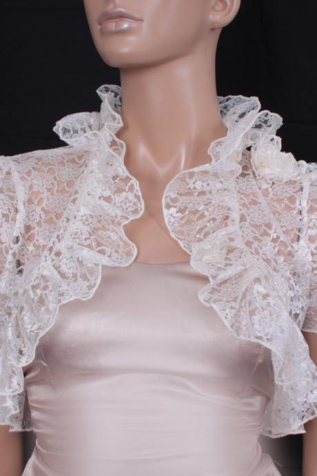 Bridal Cream White Lace fluffy ruffles shrug jacket wedding bolero