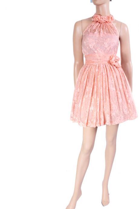 Party /Peach lace/ evening / bridesmaid /cocktail halter dress