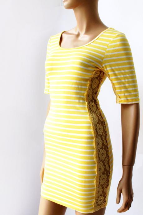 Women's striped /Yellow and white /cotton/ casual /mini dress/ tunic