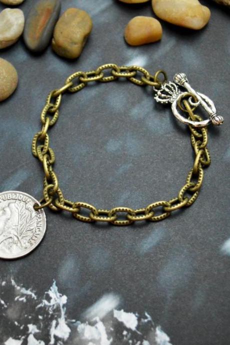C-030 Antique bronze coin bracelet,Chunk chain bracelet,Toggle bracelet,Layered bracelet,Simple bracelet, Pattern bracelet/Everyday jewelry/