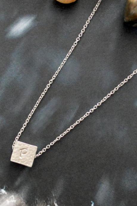A-071 Personalized initial necklace, Silver square necklace, White gold rhodium plated chain/Bridesmaid gifts/Everyday jewelry/