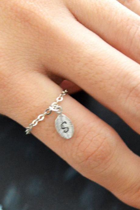 E-009 Personalized Initial ring, Leaf ring, Chain ring, Simple ring, Modern ring, Silver plated ring/Everyday/Gift/