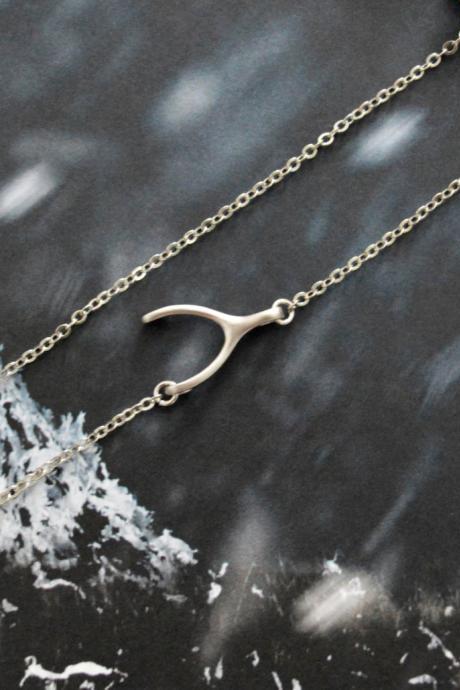 A-076 Sideways wishbone necklace, Unbalanced necklace, Wishbone necklace, Silver plated /Bridesmaid/gifts/Everyday jewelry/