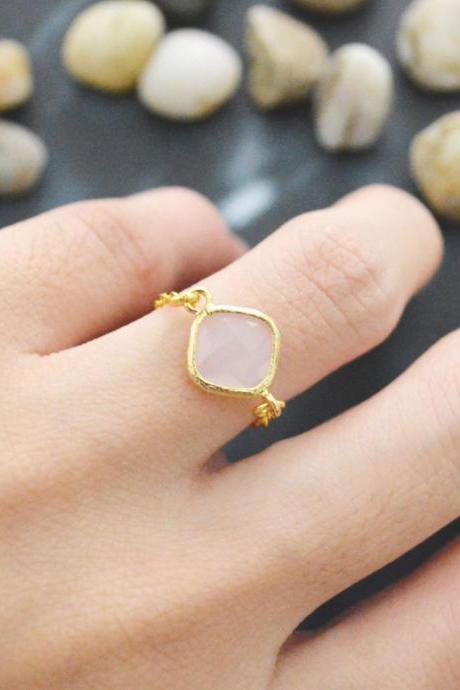 E-013 Ice Pink Glass Ring, Gold Frame Ring, Chain Ring, Simple Ring, Modern Ring, Gold Plated Ring/everyday/gift/