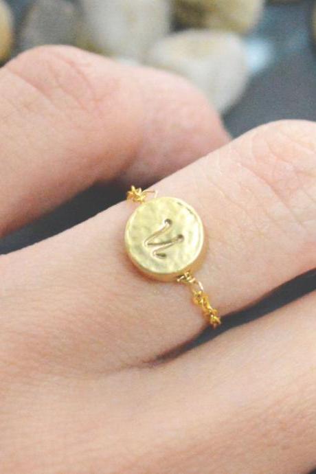 E-003 Hand Stamped Initial ring, Coin ring, Circle ring, Chain ring, Simple ring, Modern ring, Gold plated ring/Everyday/Gift/