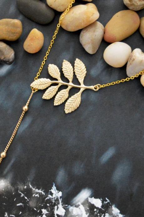 A-070 Leaf Necklace, Dangle Necklace, Asymmetrical Topaz Necklace, Drop Necklace, Gold Plated Chain/everyday Jewelry /special Gift/