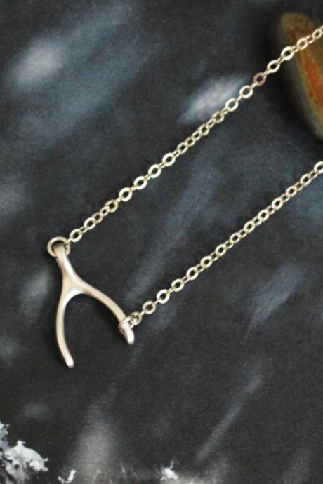 A-031 Wishbone pendant necklace, Simple necklace, Wishbone necklace,White gold rhodium plated chain/Special gifts/Everyday jewelry/