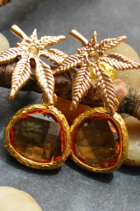 SALE) B-059 Pendant earrings, Leaf earrings, Gemstone earrings, Gold plated earrings /Bridesmaid gifts/Everyday jewelry/