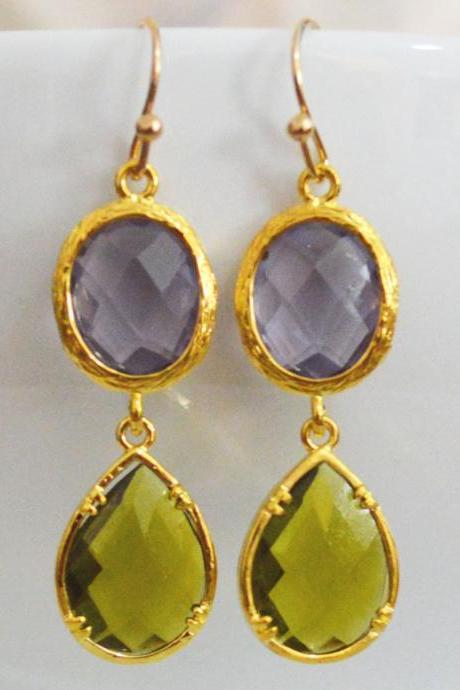 ) B-039 Glass Earrings, Tanzanite &amp;amp; Khaki Drop Earrings, Dangle Earrings, Gold Plated Earrings/bridesmaid Gifts/everyday Jewelry/