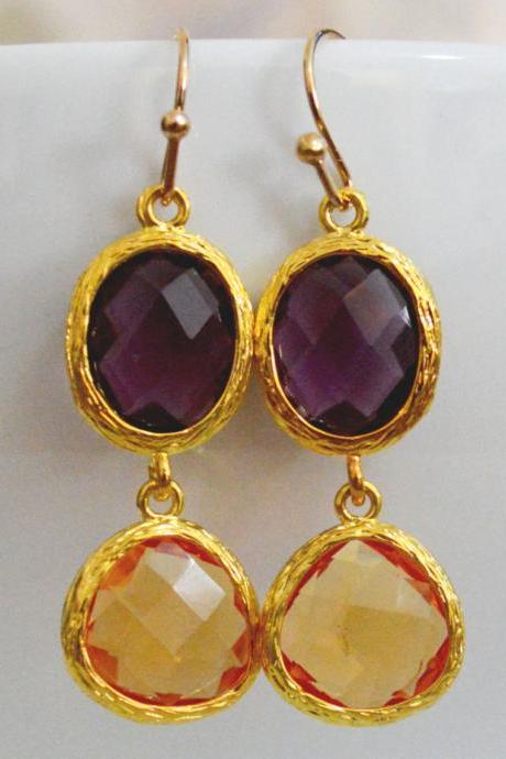 SALE) B-038 Glass earrings, Amethyst & topaz drop earrings, Dangle earrings, Gold plated earrings/Bridesmaid gifts/Everyday jewelry/